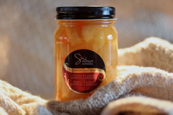 Poires en sirop au safran & brandy